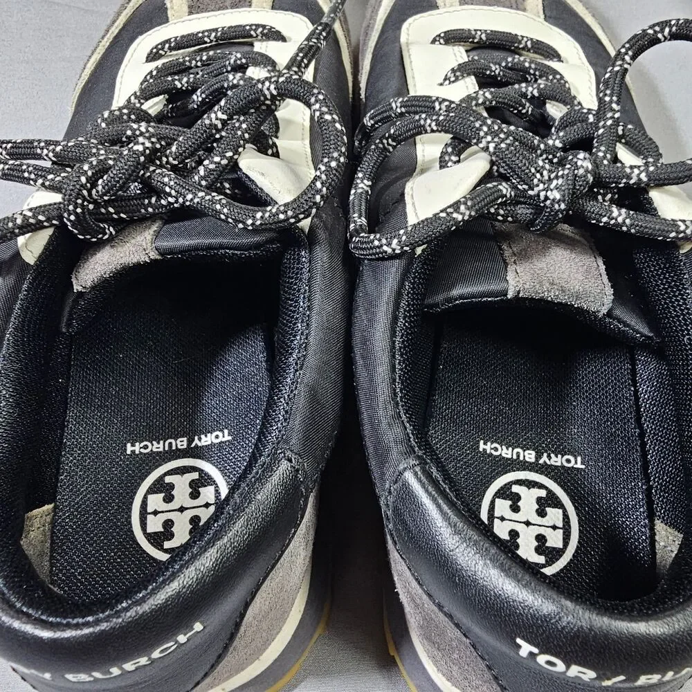 Tory Burch Annie Nylon Runner Sneakers Womens 8 M Black Grey Suede Double T Logo